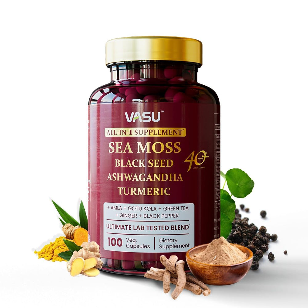 Vasu Sea Moss Capsules bottle displays a potent blend for daily stamina and vitality.