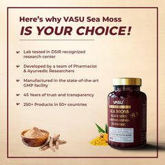 Vasu Sea Moss Capsules ingredients closeup highlights sea moss and black seed oil.