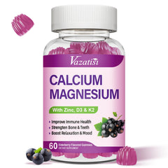 Vazatisi Calcium Magnesium Zinc Gummies bottle front highlights elderberry flavor for daily wellness.
