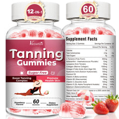 Vazatisi Tanning Gummies package front highlights strawberry flavor and radiant glow potential.