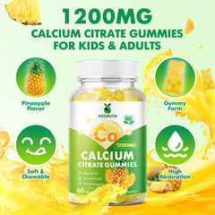 VCCHUYH calcium citrate gummies label highlighting 1200 mg potency.