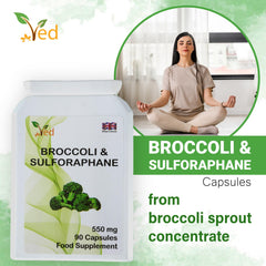 Close-up of Ved Broccoli Sulforaphane capsules emphasizing 550 mg per serving