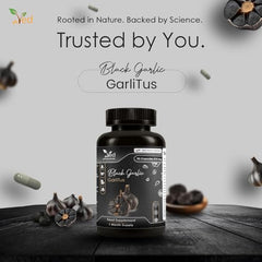 Close-up of Ved GarliTus bottle emphasizing odorless capsules.