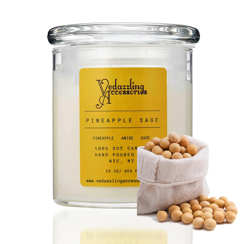 Vedazzling Pineapple Sage candle jar, a bright ambiance enhancer for relaxing nights.