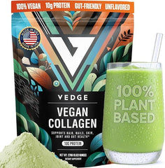 VEDGE vegan collagen powder bottle on kitchen counter for daily hair and skin support.