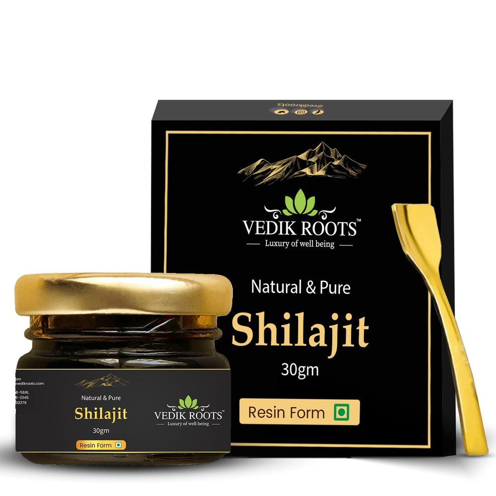 VEDIKROOTS Shilajit resin bottle close-up showing gold-grade energy potential
