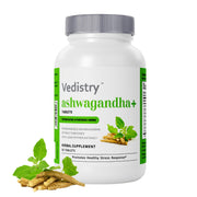 Vedistry Ashwagandha+ 1100mg bottle with clear label—stress relief and mood balance.