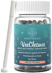 VeeFresh VeeCleanse boric suppositories close-up for daily vaginal health