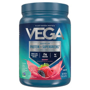 Vega Protein and Greens mixed berry tub front showing plant-based protein option for mornings