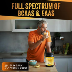 A scoop beside VEGAIN PRO-SURGE powder, plant-based protein ready to mix.