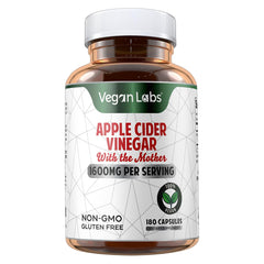 Closeup of Vegan Labs Apple Cider Vinegar Capsules bottle with The Mother.