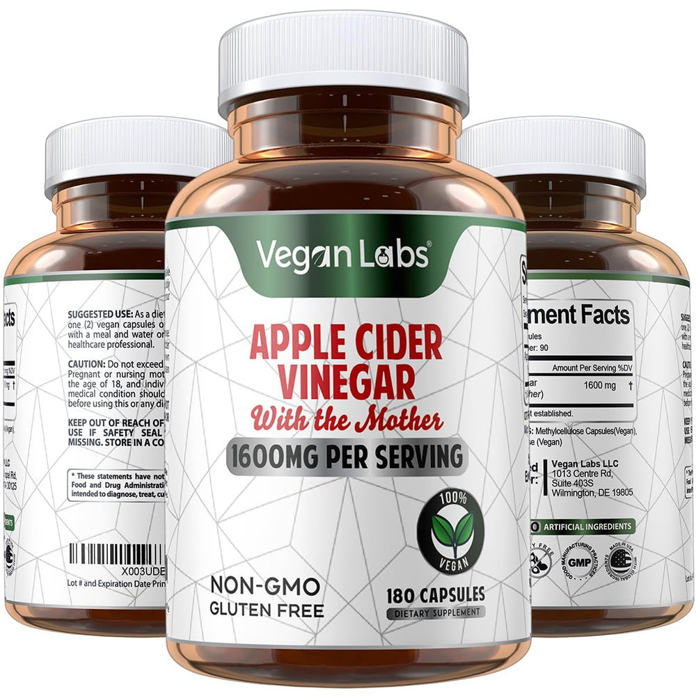 Vegan Labs Apple Cider Vinegar Capsules bottle on a clean surface for daily use.