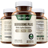 Vegan Labs Berberine HCL bottle front with 180 vegan capsules for daily wellness.