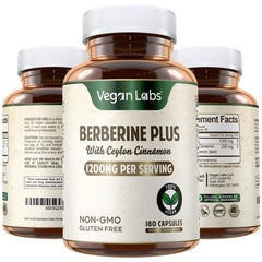 Vegan Labs Berberine HCL bottle front with 180 vegan capsules for daily wellness.