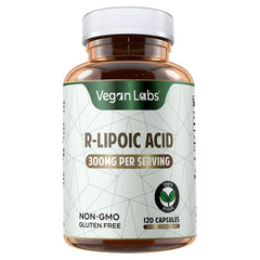 Vegan Labs R-Lipoic Acid 300MG capsules close-up showing vegan, non-GMO formula.