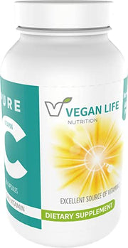 Vegan Life Nutrition Vitamin C capsules in a bottle for daily immune support.