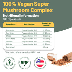 Vegan Vitality Lions Mane capsules close-up, designed to support memory and attention.