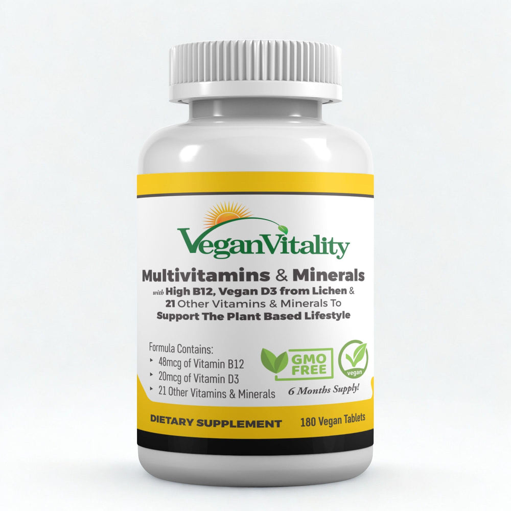 Vegan Vitality bottle with 180 tablets, six-month daily nutrition supply.