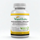 Vegan Vitality bottle with 180 tablets, six-month daily nutrition supply.