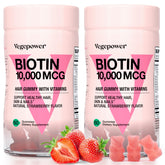 VEGEPOWER Biotin Gummies bottle with strawberry flavor for daily beauty support.