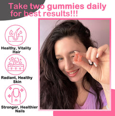 VEGEPOWER Biotin Gummies close-up shows chewy texture and strawberry taste for snacking.