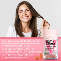VEGEPOWER Biotin Gummies vegan labeling indicates gelatin-free, plant-based option.