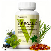 VEGEPOWER oregano oil softgels bottle for daily immune and digestive support.