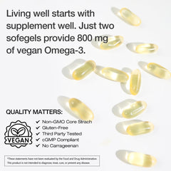 VEGEPOWER Omega-3 DHA bottle back label showing ingredients and sourcing.