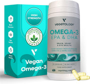 VEGETOLOGY Vegan Omega 3 bottle promotes brain and heart wellness.