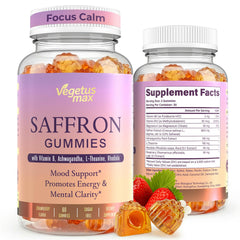 VEGETUSMAX saffron gummies bottle showcases a mood-supporting supplement for daily calm.