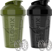 Velomix 20oz protein shaker green and black, ideal for mixing shakes on the go.