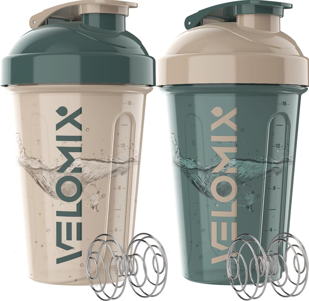 VELOMIX 20oz shaker in blue-beige with leak-proof design for post-workout shakes.
