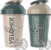VELOMIX 20oz shaker in blue-beige with leak-proof design for post-workout shakes.