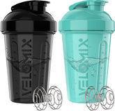 Velomix 20 oz shaker bottle in black and turquoise, two-pack for on-the-go protein mixes.