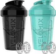 Velomix 20 oz shaker bottle in black and turquoise, two-pack for on-the-go protein mixes.