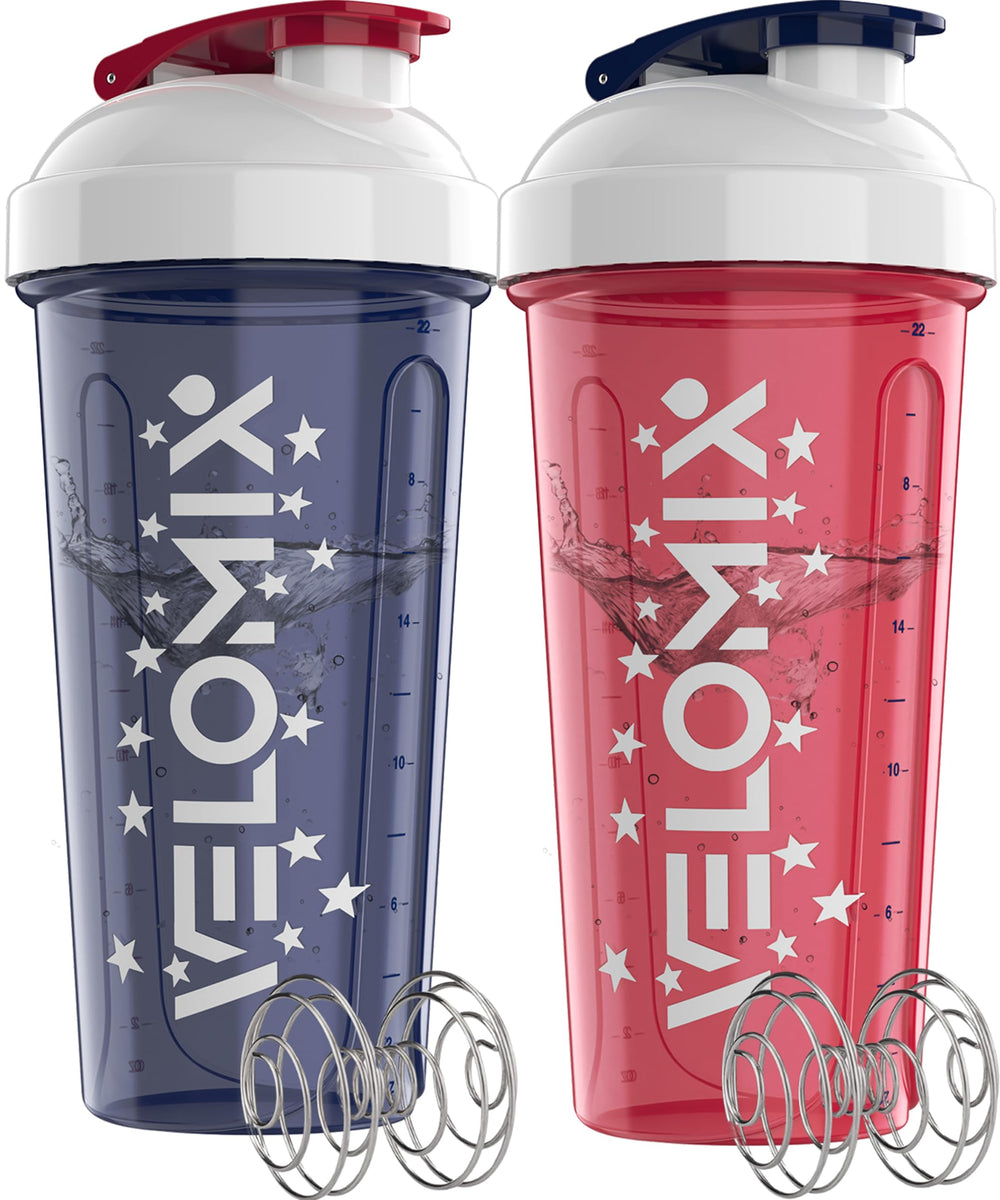 VELOMIX 28oz protein shaker bottle front view shows leak-proof reliability for workouts.