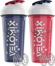 VELOMIX 28oz protein shaker bottle front view shows leak-proof reliability for workouts.