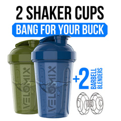 VELOMIX blue 20 oz shaker bottle front view, ready for workouts.