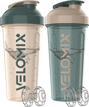 VELOMIX 2-pack 28oz bottle in blue and beige for on-the-go protein shakes