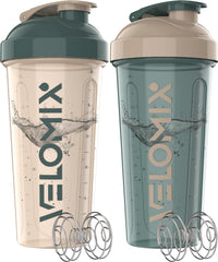 VELOMIX 2-pack 28oz bottle in blue and beige for on-the-go protein shakes