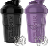 Velomix 2-pack protein shaker front view in purple and black for reliable hydration.