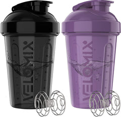 Velomix 2-pack protein shaker front view in purple and black for reliable hydration.