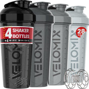 VELOMIX 4-pack 28 oz protein shakers shown together for gym-ready hydration.