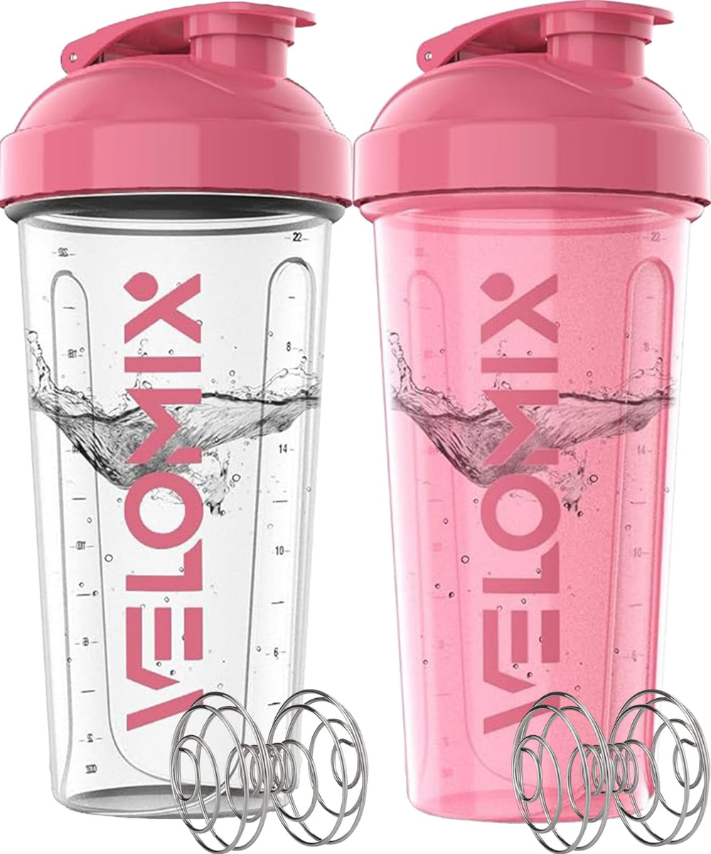 VELOMIX pink transparent shaker front view for easy protein mix visibility