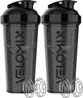 VELOMIX two-pack 28 oz shakers shown side by side for reliable protein mixing.