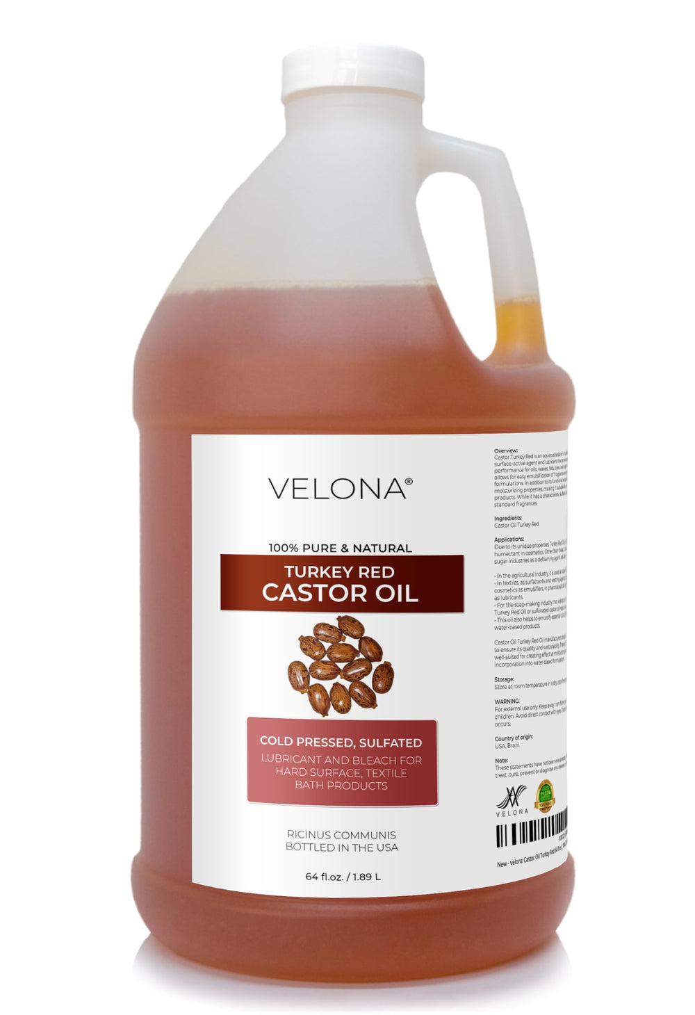Velona Castor Oil Turkey Red bottle, pure amber oil ideal for skin care formulations