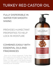 Velona Castor Oil Turkey Red label shot, highlighting purity for emulsions and body care.