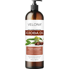Velona Jojoba Oil bottle with pump for easy face and body hydration.