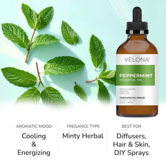 Velona Peppermint Oil label closeup highlights premium undiluted quality.