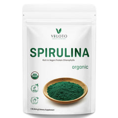 VELOTO Spirulina powder bottle pour for daily nutrient boost.